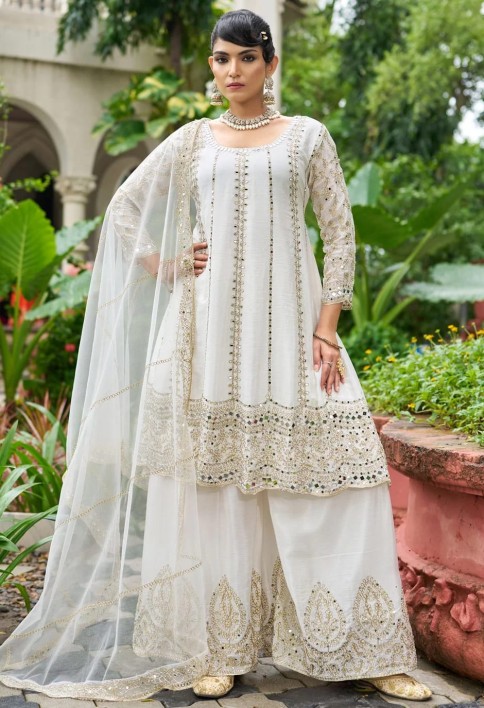 Chinon Palazzo Salwar Suit In White Colour